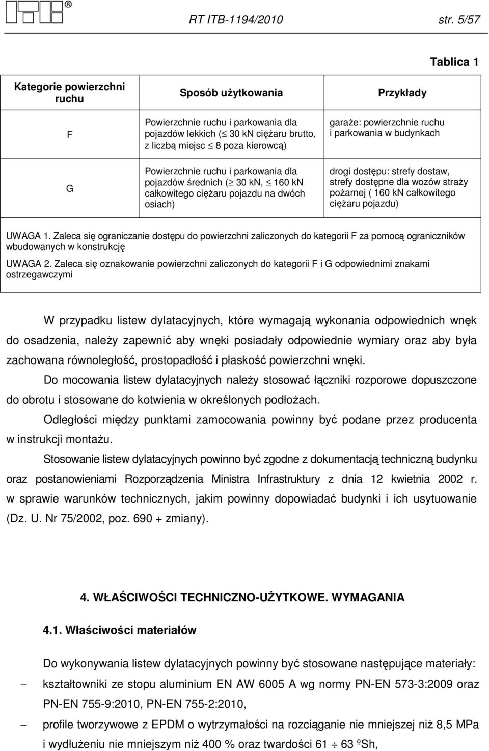 powierzchnie ruchu i parkowania w budynkach G Powierzchnie ruchu i parkowania dla pojazdów średnich ( 30 kn, 160 kn całkowitego ciężaru pojazdu na dwóch osiach) drogi dostępu: strefy dostaw, strefy