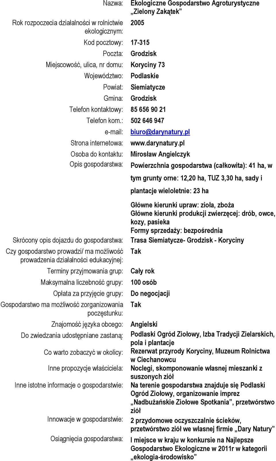 : 502 646 947 e-mail: Strona internetowa: Osoba do kontaktu: Opis gospodarstwa: Skrócony opis dojazdu do gospodarstwa: Czy gospodarstwo prowadzi/ ma możliwość prowadzenia działalności edukacyjnej: