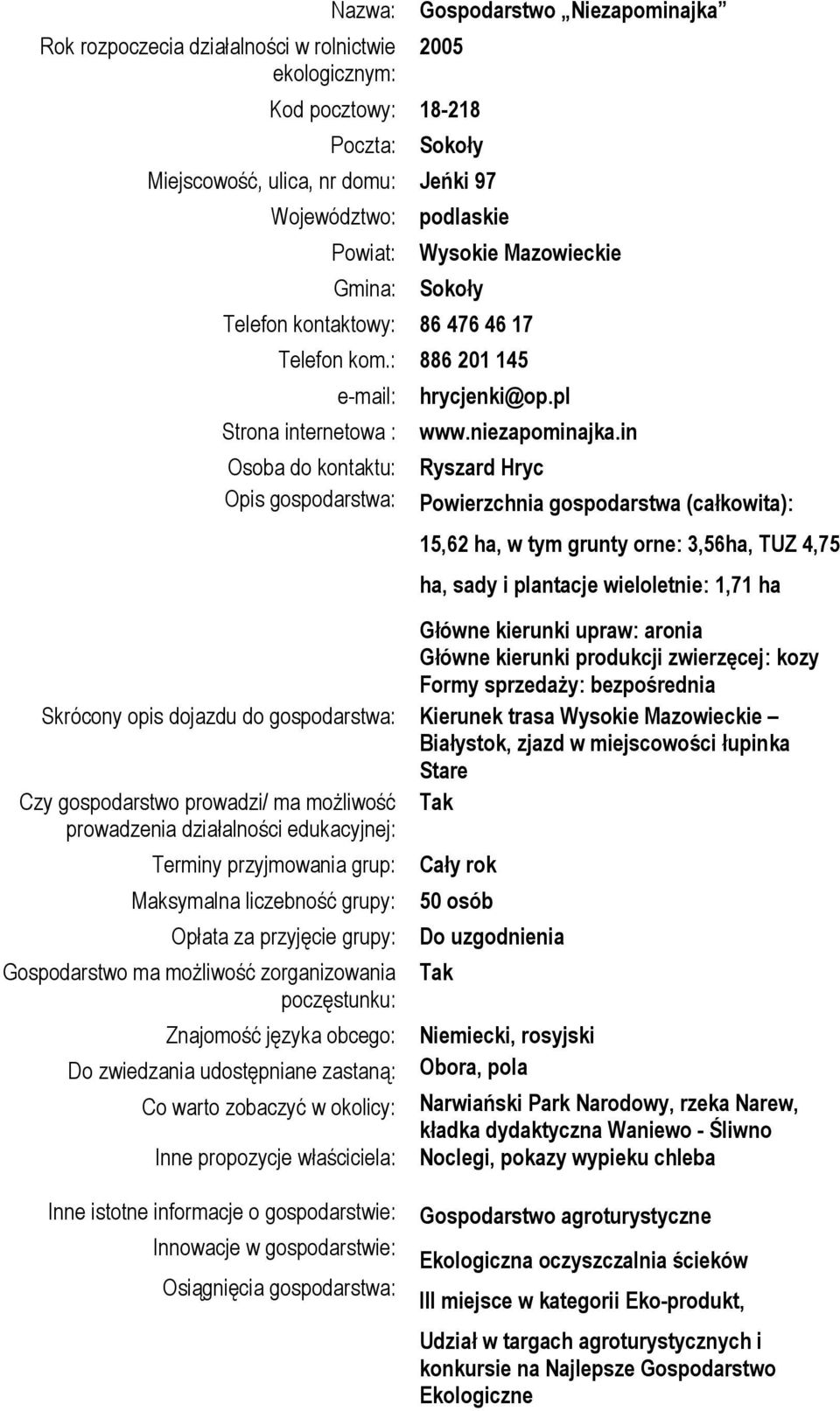 in Ryszard Hryc Powierzchnia gospodarstwa (całkowita): 15,62 ha, w tym grunty orne: 3,56ha, TUZ 4,75 ha, sady i plantacje wieloletnie: 1,71 ha Główne kierunki upraw: aronia Główne kierunki produkcji