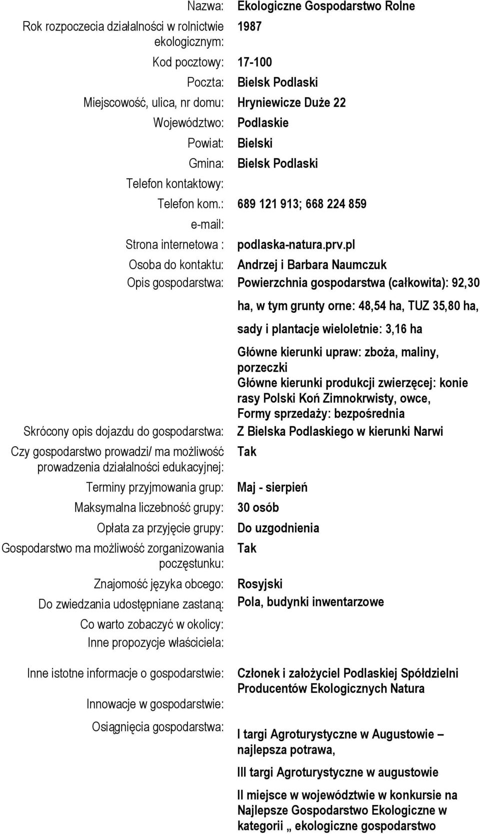 : 689 121 913; 668 224 859 e-mail: Strona internetowa : Skrócony opis dojazdu do gospodarstwa: Czy gospodarstwo prowadzi/ ma możliwość prowadzenia działalności edukacyjnej: podlaska-natura.prv.