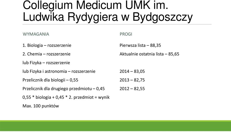 biologii 0,55 Przelicznik dla drugiego przedmiotu 0,45 0,55 * biologia + 0,45 * 2.