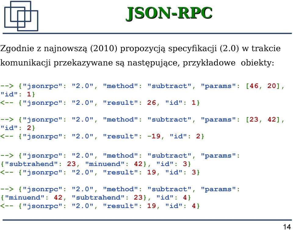 0", "method": "subtract", "params": [23, 42], "id": 2 <-- {"jsonrpc": "2.0", "result": -19, "id": 2 --> {"jsonrpc": "2.