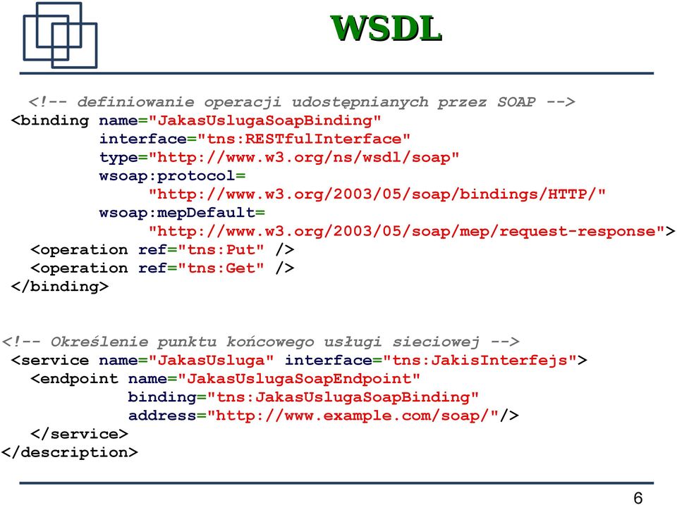 -- Określenie punktu końcowego usługi sieciowej --> <service name="jakasusluga" interface="tns:jakisinterfejs"> <endpoint name="jakasuslugasoapendpoint"