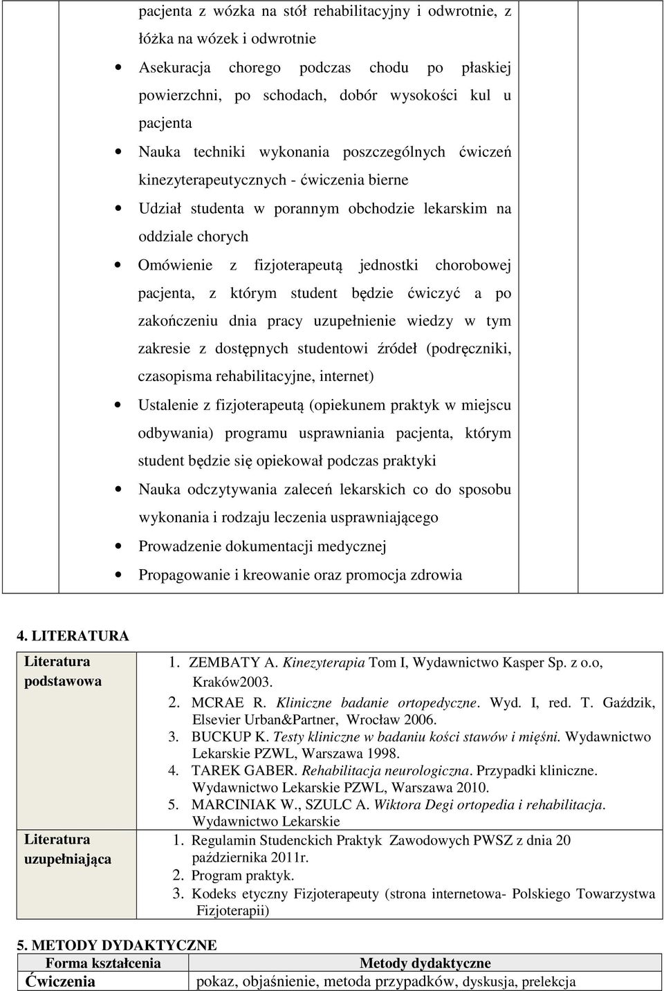 będzie ćwiczyć a po zakończeniu dnia pracy uzupełnienie wiedzy w tym zakresie z dostępnych studentowi źródeł (podręczniki, czasopisma rehabilitacyjne, internet) Ustalenie z fizjoterapeutą (opiekunem