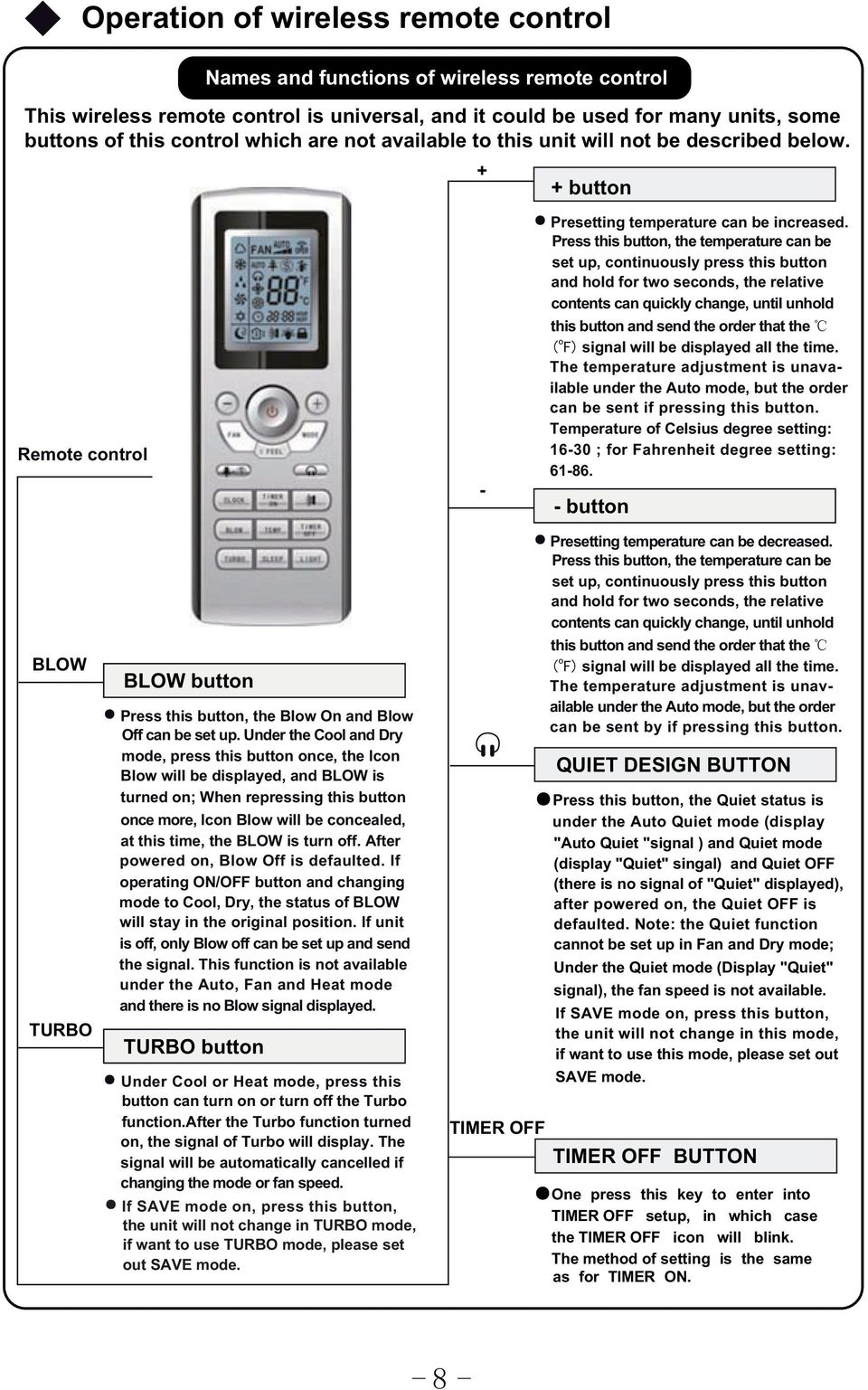 Press this button, the temperature can be set up, continuously press this button and hold for two seconds, the relative contents can quickly change, until unhold this button and send the order that