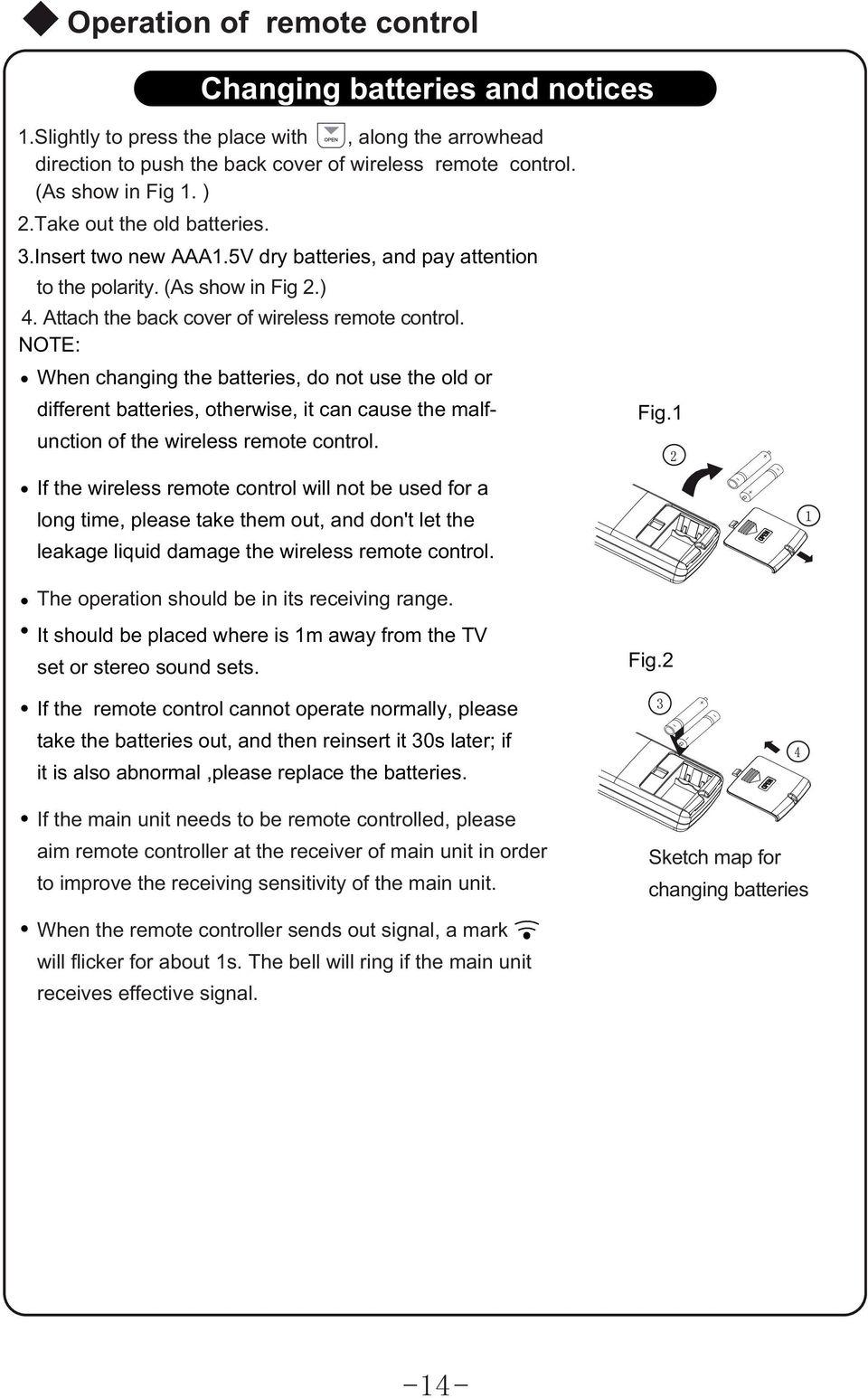 NOTE: When changing the batteries, do not use the old or different batteries, otherwise, it can cause the malfunction of the wireless remote control. Fig.