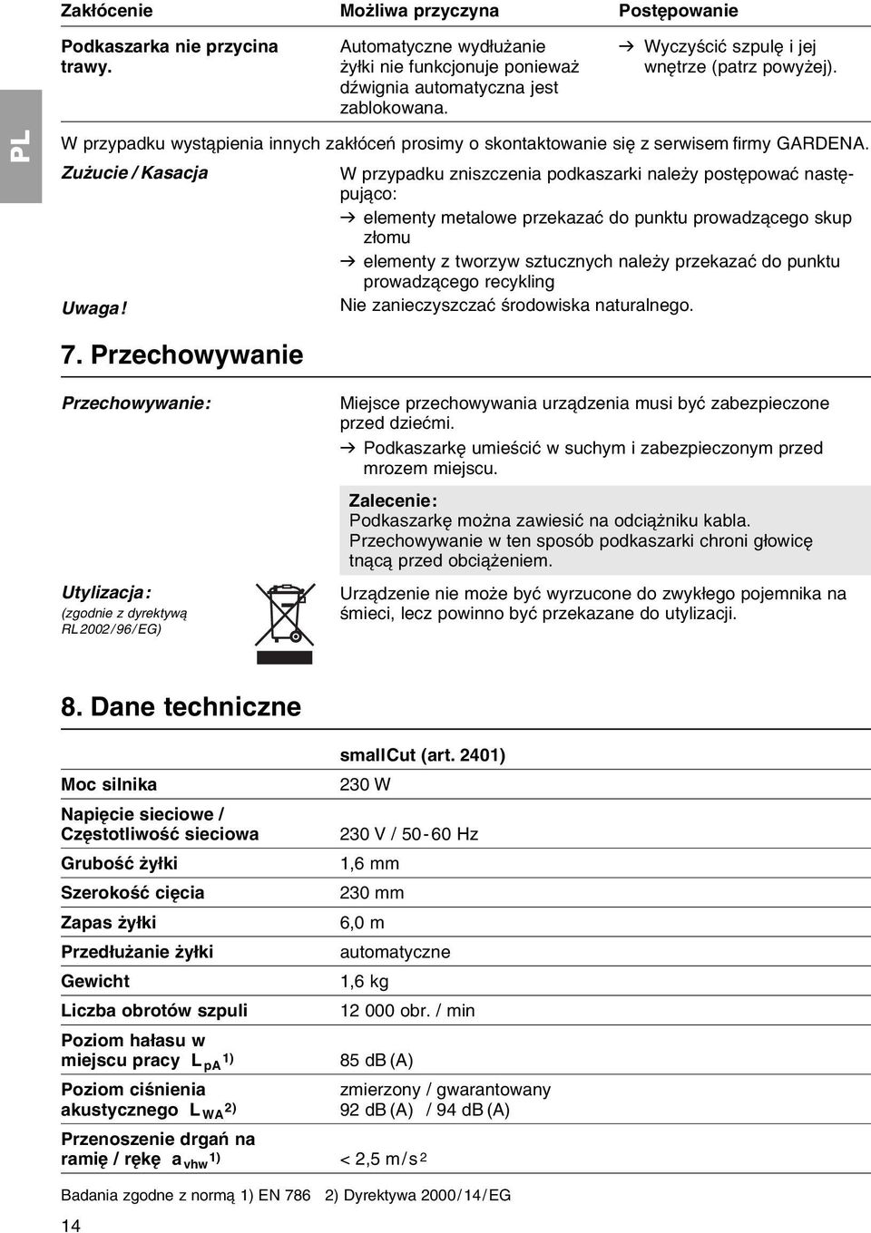 Zuїucie / Kasacja W przypadku zniszczenia podkaszarki naleїy postкpowaж nastкpuj co: v elementy metalowe przekazaж do punktu prowadz cego skup zіomu v elementy z tworzyw sztucznych naleїy przekazaж