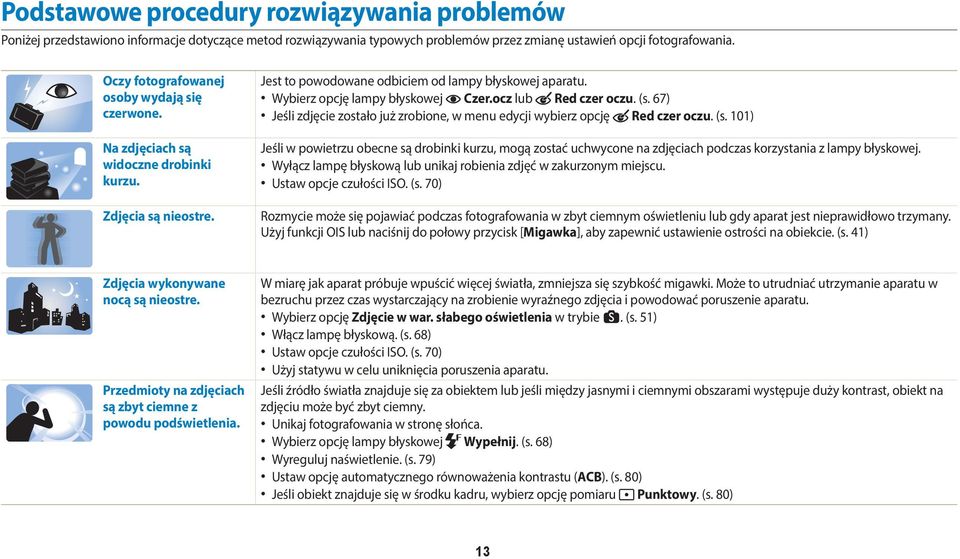 ocz lub Red czer oczu. (s. 67) Jeśli zdjęcie zostało już zrobione, w menu edycji wybierz opcję Red czer oczu. (s. 101) Jeśli w powietrzu obecne są drobinki kurzu, mogą zostać uchwycone na zdjęciach podczas korzystania z lampy błyskowej.