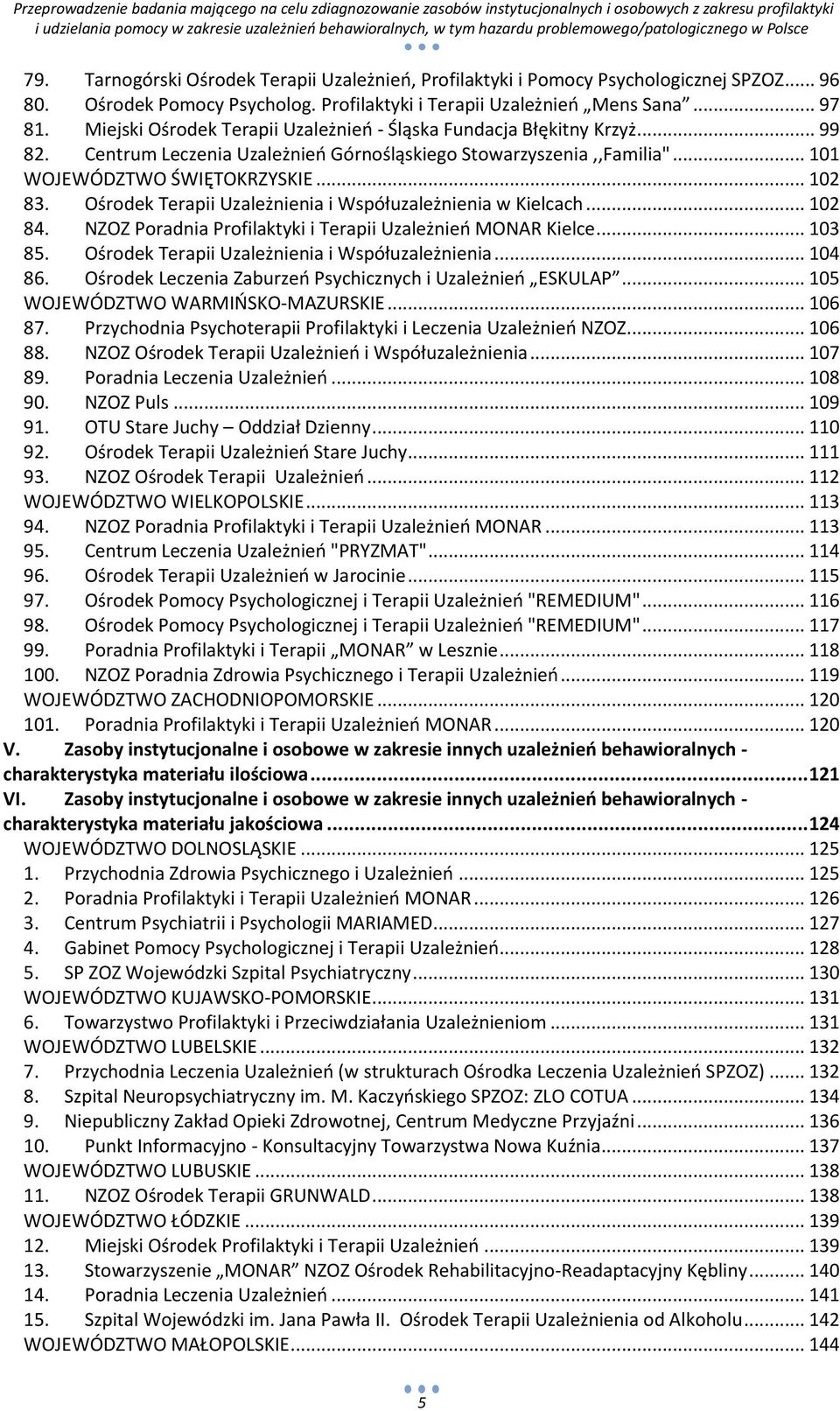 Ośrodek Terapii Uzależnienia i Współuzależnienia w Kielcach... 102 84. NZOZ Poradnia Profilaktyki i Terapii Uzależnieo MONAR Kielce... 103 85. Ośrodek Terapii Uzależnienia i Współuzależnienia... 104 86.