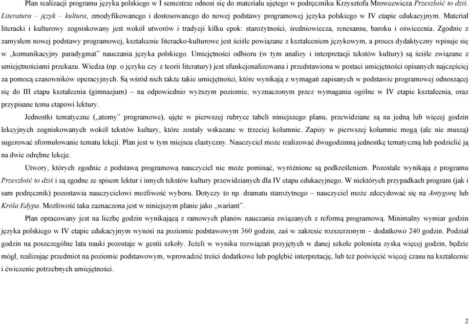 Materiał literacki i kulturowy zogniskowany jest wokół utworów i tradycji kilku epok: starożytności, średniowiecza, renesansu, baroku i oświecenia.
