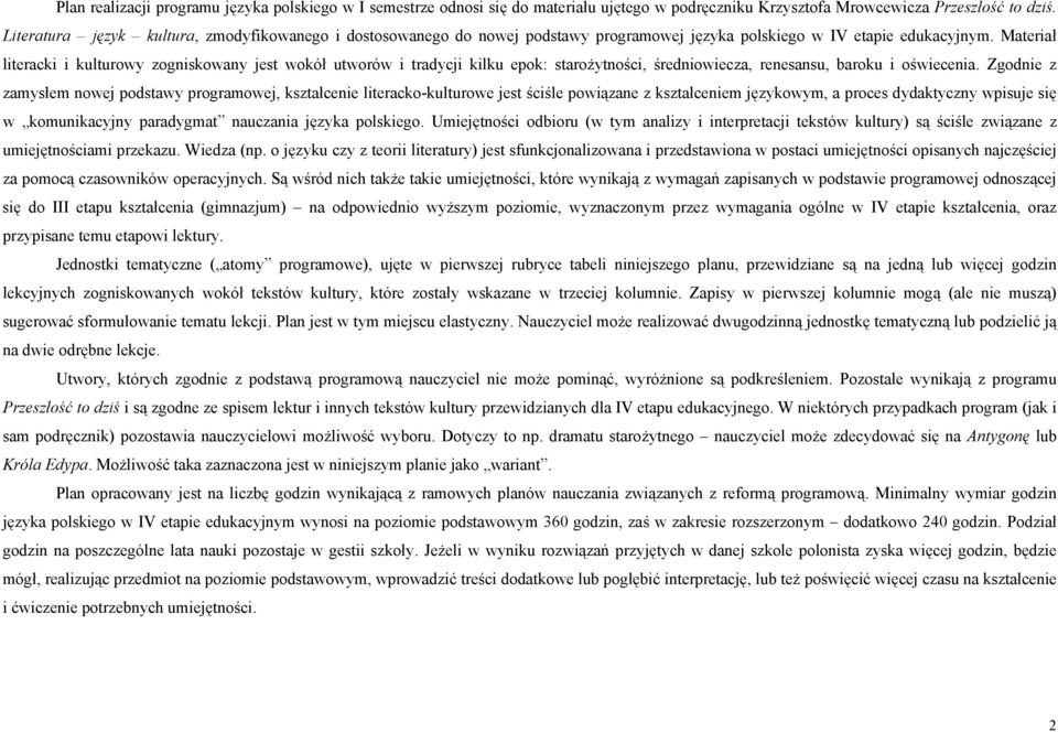 Materiał literacki i kulturowy zogniskowany jest wokół utworów i tradycji kilku epok: starożytności, średniowiecza, renesansu, baroku i oświecenia.