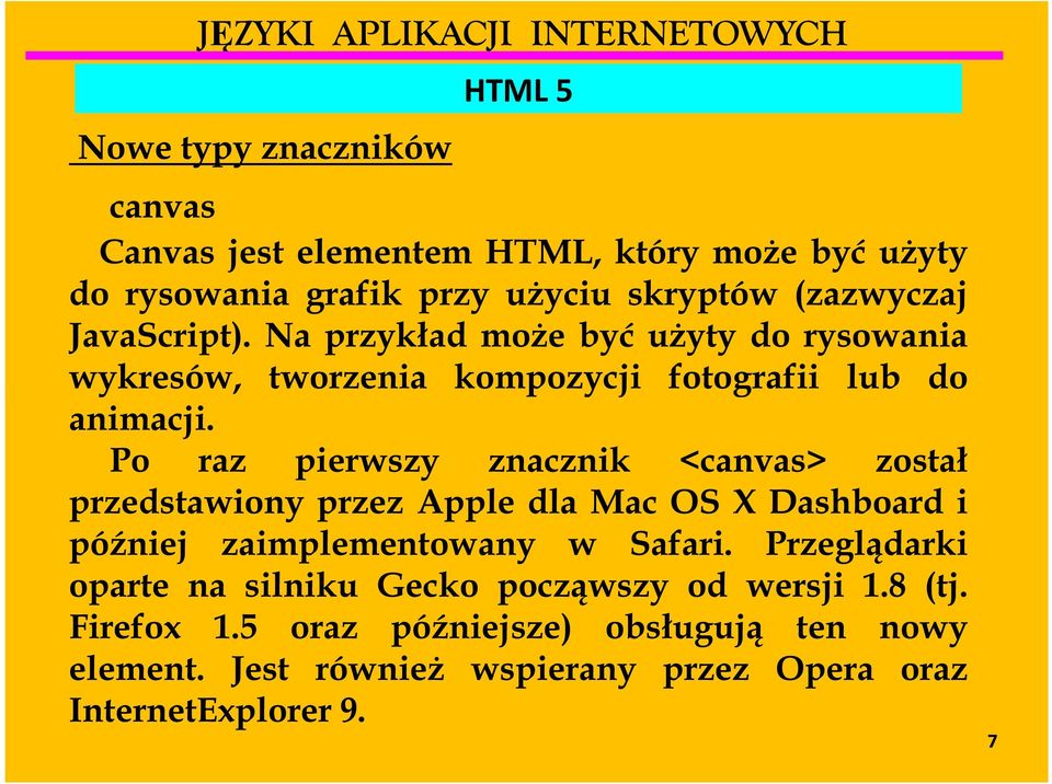 Po raz pierwszy znacznik <canvas> został przedstawiony przez Apple dla Mac OS X Dashboard i później zaimplementowany w Safari.