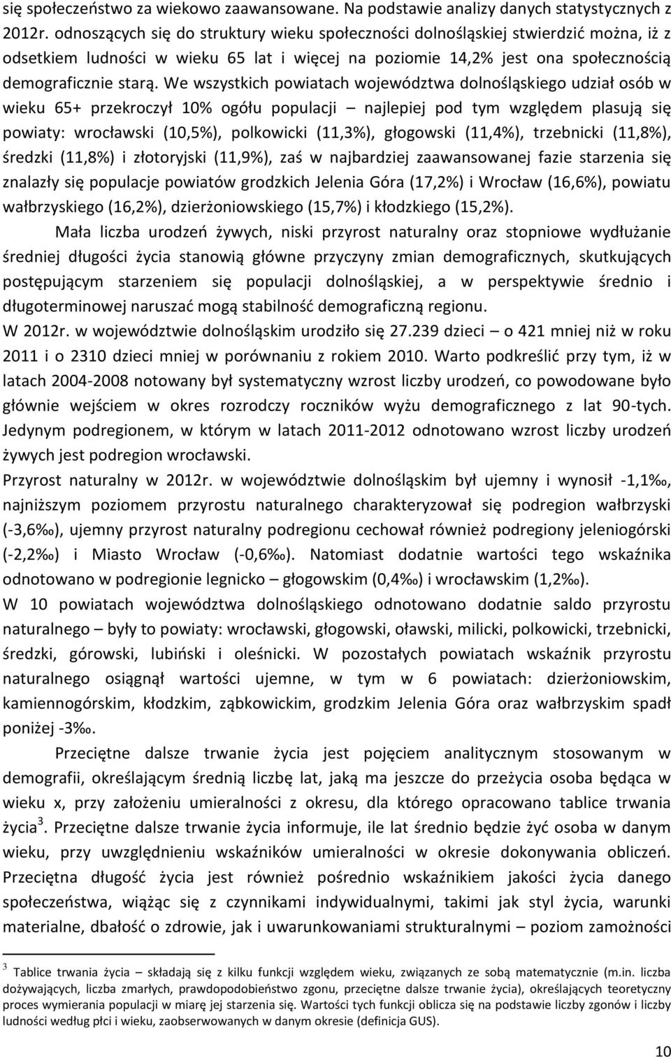 We wszystkich powiatach województwa dolnośląskiego udział osób w wieku 65+ przekroczył 10% ogółu populacji najlepiej pod tym względem plasują się powiaty: wrocławski (10,5%), polkowicki (11,3%),