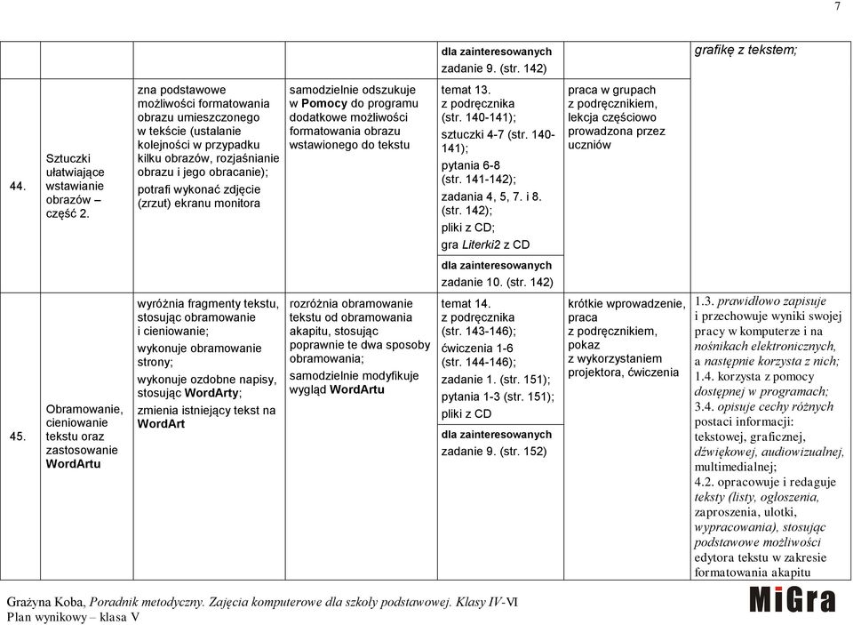 monitora samodzielnie odszukuje w Pomocy do programu dodatkowe możliwości formatowania obrazu wstawionego do tekstu temat 13. (str. 140-141); sztuczki 4-7 (str. 140-141); pytania 6-8 (str.