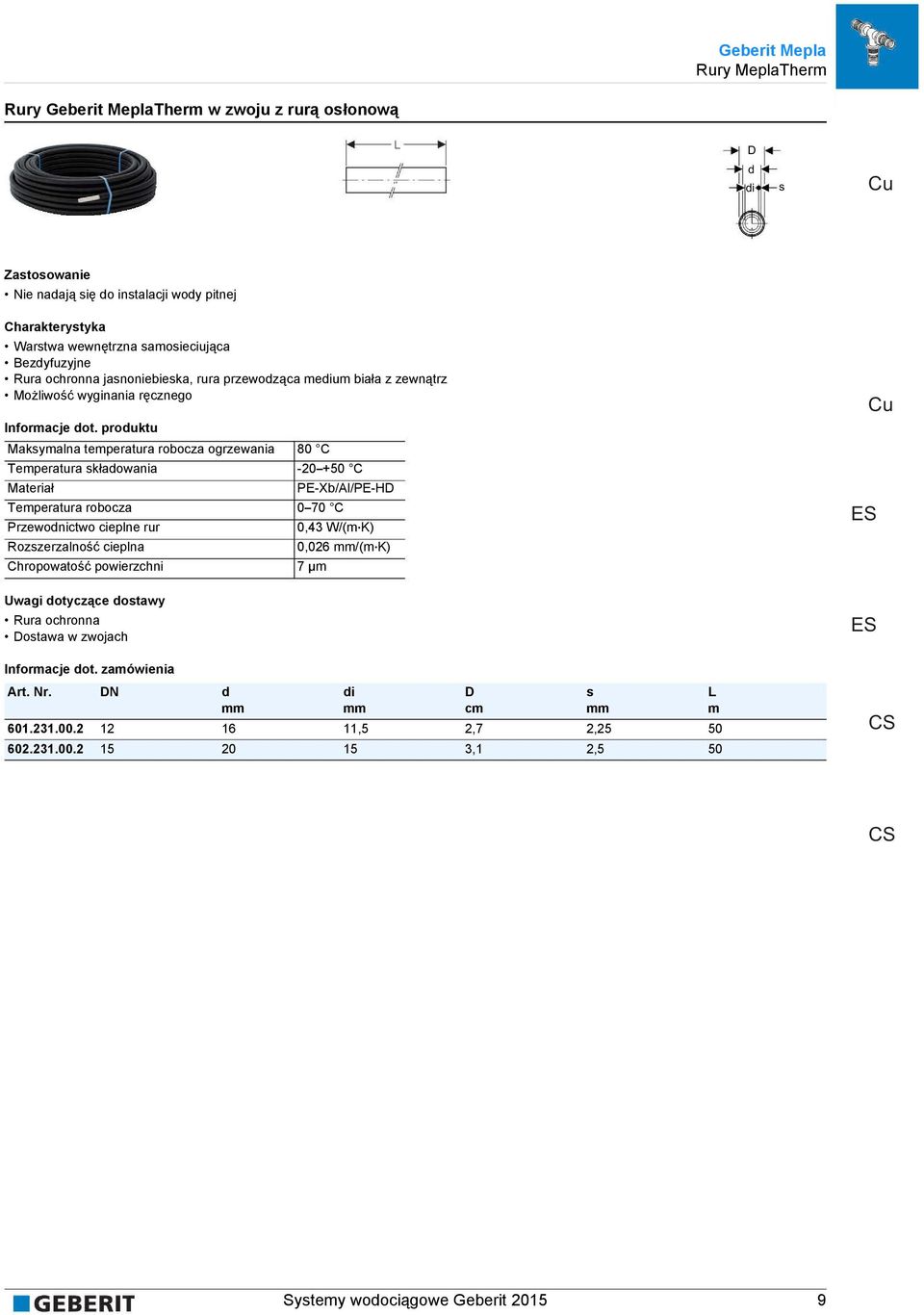 prouktu Maksymalna temperatura robocza ogrzewania 80 C Temperatura skłaowania -20 +50 C PE-Xb/Al/PE-D Temperatura robocza 0 70 C Przewonictwo cieplne rur 0,43 W/(m K)