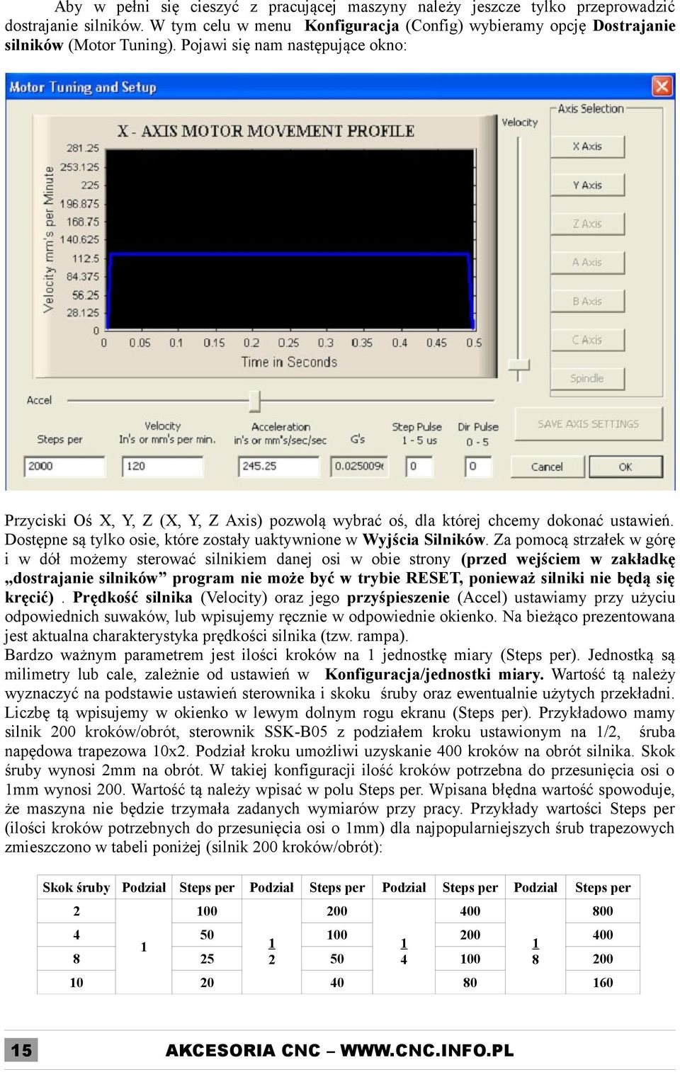 Za pomocą strzałek w górę i w dół możemy sterować silnikiem danej osi w obie strony (przed wejściem w zakładkę dostrajanie silników program nie może być w trybie RESET, ponieważ silniki nie będą się