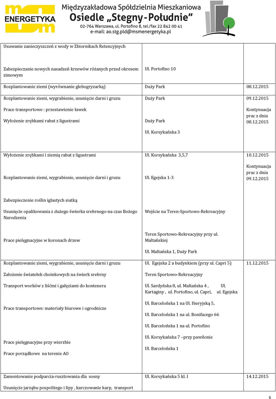 2015 Rozplantowanie ziemi, wygrabienie, usunięcie darni i gruzu Prace transportowe : przestawienie ławek Wyłożenie zrębkami rabat z ligustrami Duży Park Duży Park Ul. Korsykańska 3 09.12.