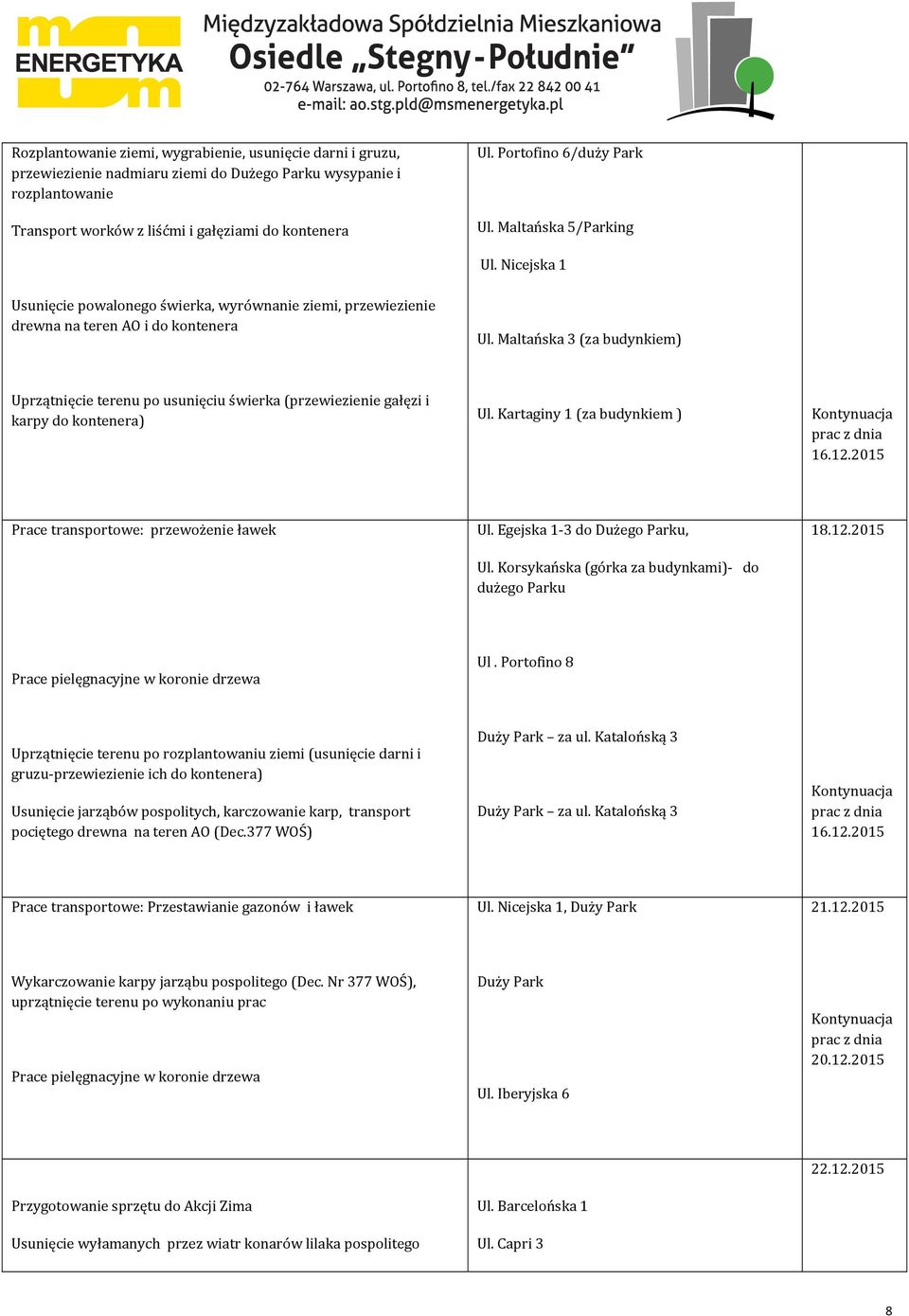Maltańska 3 (za budynkiem) Uprzątnięcie terenu po usunięciu świerka (przewiezienie gałęzi i karpy do kontenera) Ul. Kartaginy 1 (za budynkiem ) 16.12.2015 Prace transportowe: przewożenie ławek Ul.