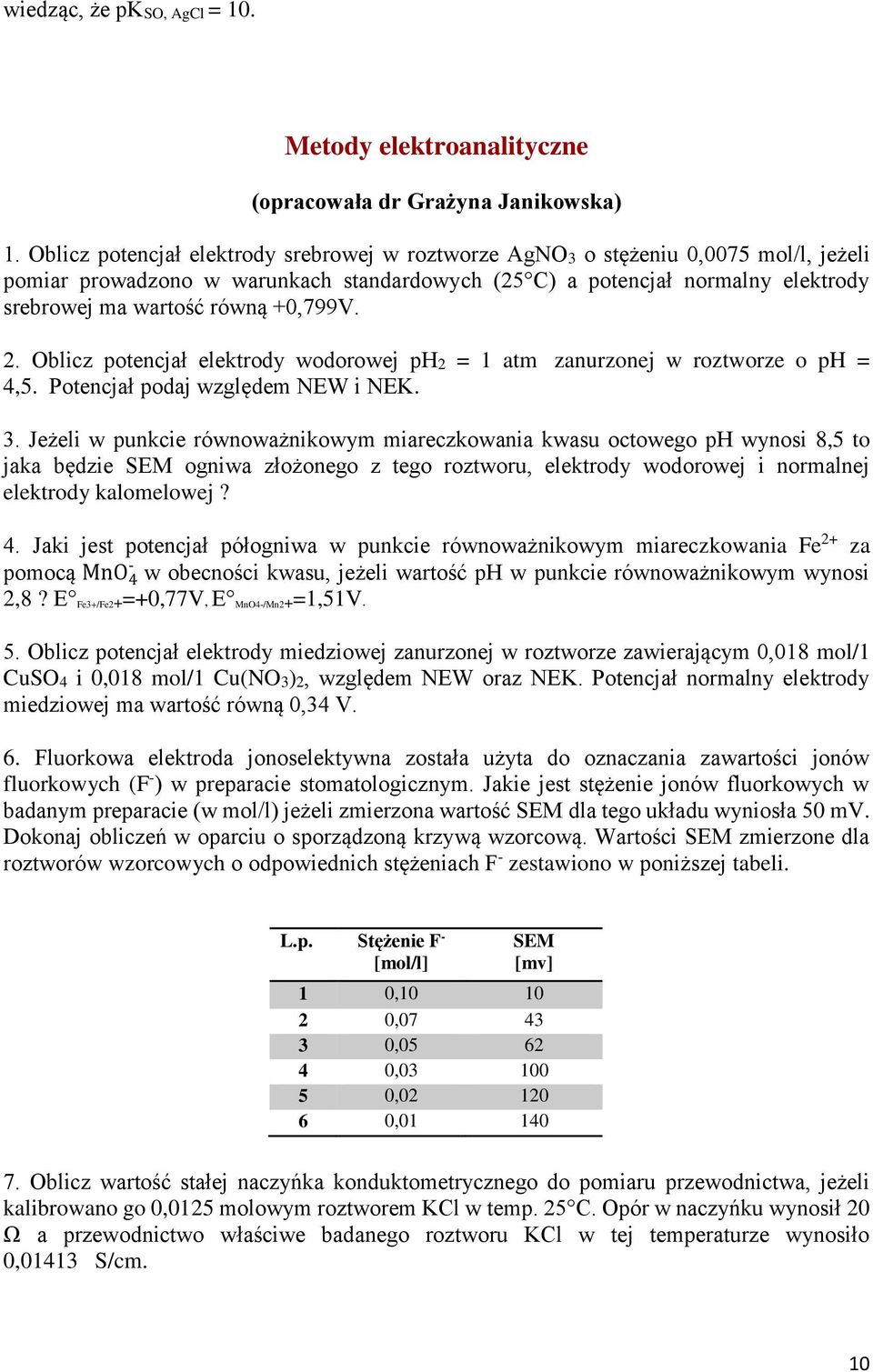 +0,799V. 2. Oblicz potencjał elektrody wodorowej ph2 = 1 atm zanurzonej w roztworze o ph = 4,5. Potencjał podaj względem NEW i NEK. 3.