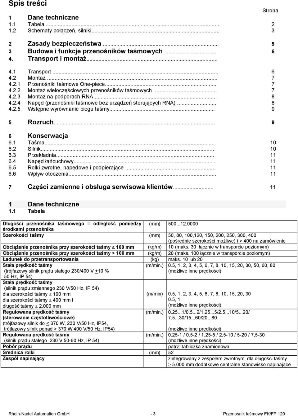 .. 8 4.2.5 Wstępne wyrównanie biegu taśmy... 9 5 Rozruch... 9 Strona 6 Konserwacja 6.1 Taśma... 10 6.2 Silnik... 10 6.3 Przekładnia... 11 6.4 Napęd łańcuchowy... 11 6.5 Rolki zwrotne, napędowe i podpierające.