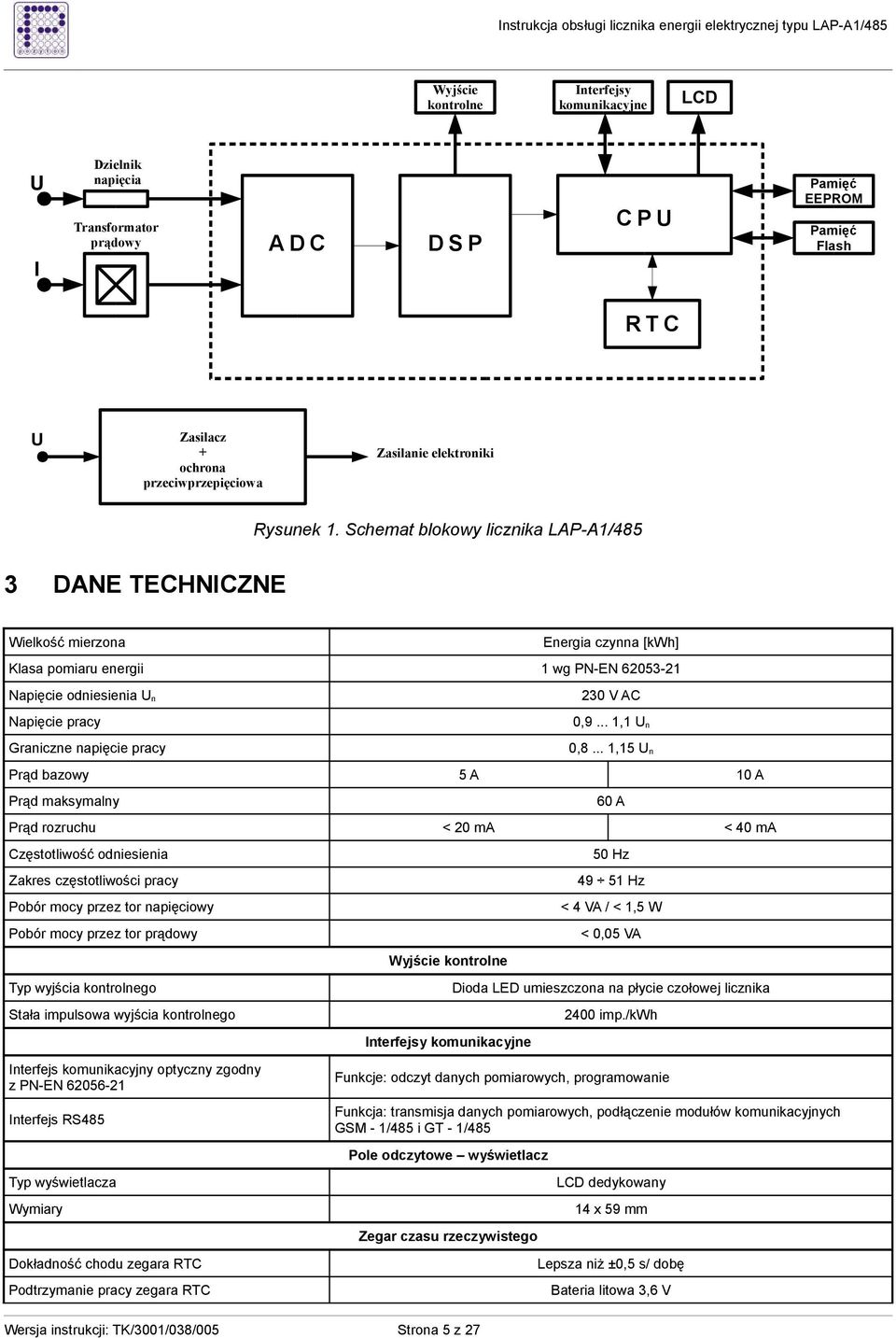 Schemat blokowy licznika LAP-A1/485 3 DANE TECHNICZNE Wielkość mierzona Energia czynna [kwh] Klasa pomiaru energii 1 wg PN-EN 62053-21 Napięcie odniesienia U n Napięcie pracy Graniczne napięcie pracy