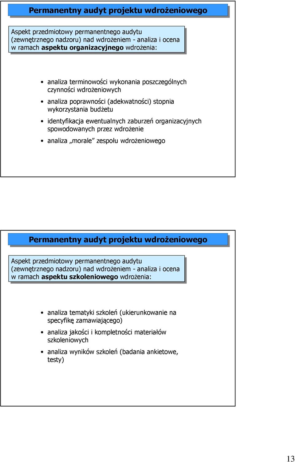 spowodowanych przez wdroŝenie analiza morale zespołu Permanentny audyt projektu Aspekt przedmiotowy permanentnego audytu (zewnętrznego nadzoru) nad nad wdroŝeniem --analiza i i ocena w