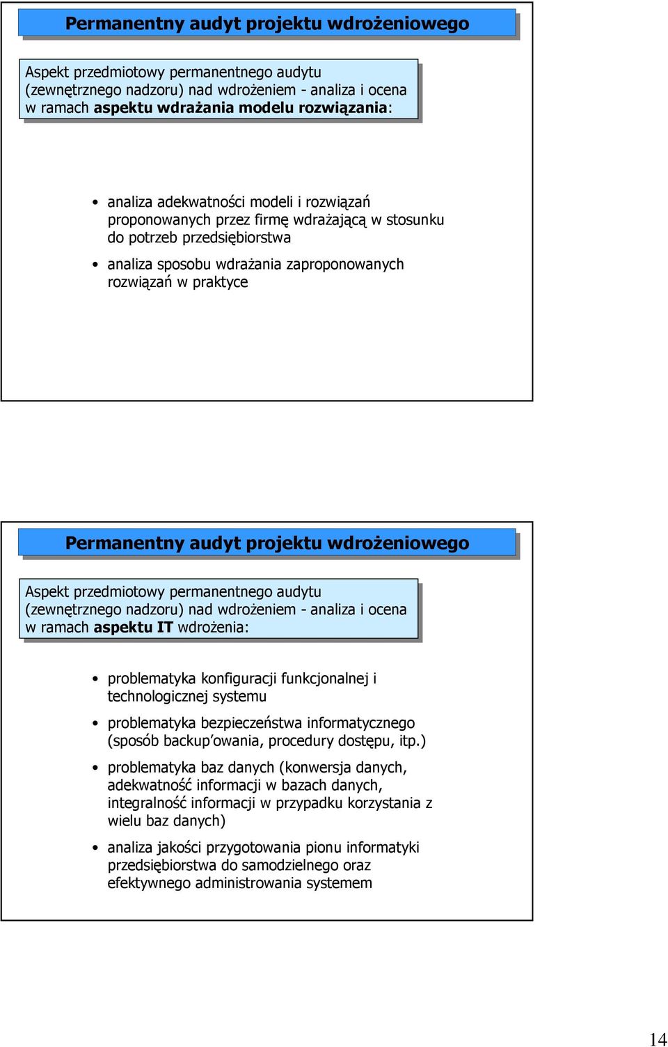przedmiotowy permanentnego audytu (zewnętrznego nadzoru) nad nad wdroŝeniem --analiza i i ocena w ramach aspektu IT IT wdroŝenia: problematyka konfiguracji funkcjonalnej i technologicznej systemu