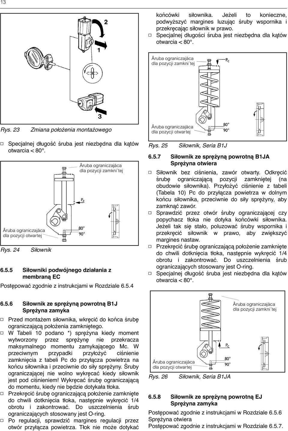 Âruba ograniczajàca dla pozycji otwartej Rys. 24 Siłownik Âruba ograniczajàca dla pozycji zamkni tej 6.5.5 Siłowniki podwójnego działania z membraną EC Postępować zgodnie z instrukcjami w Rozdziale 6.