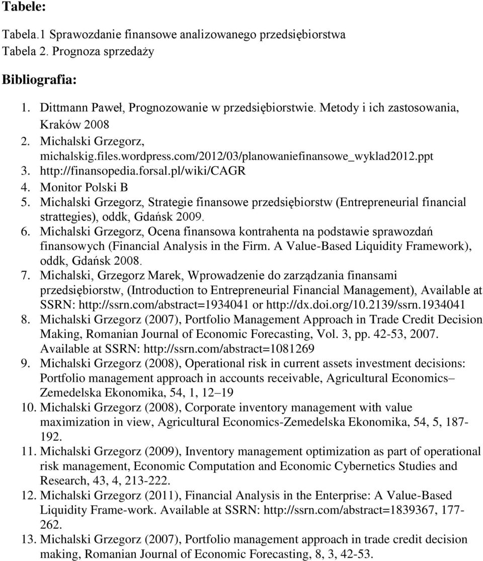 Monitor Polski B 5. Michalski Grzegorz, Strategie finansowe przedsiębiorstw (Entrepreneurial financial strattegies), oddk, Gdańsk 2009. 6.