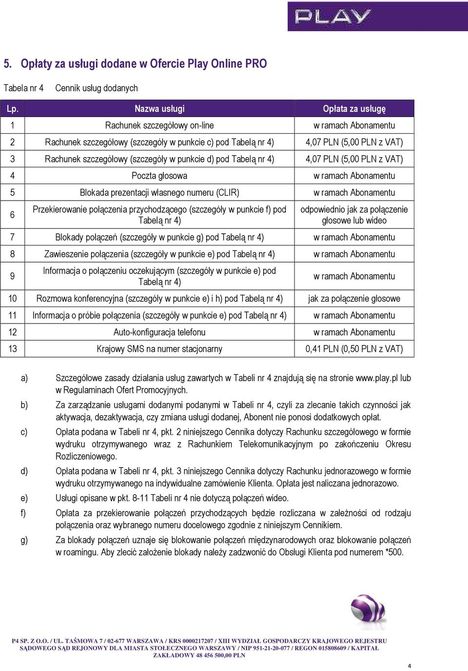 (szczegóły w punkcie d) pod Tabelą nr 4) 4,07 PLN (5,00 PLN z VAT) 4 Poczta głosowa w ramach Abonamentu 5 Blokada prezentacji własnego numeru (CLIR) w ramach Abonamentu 6 Przekierowanie połączenia