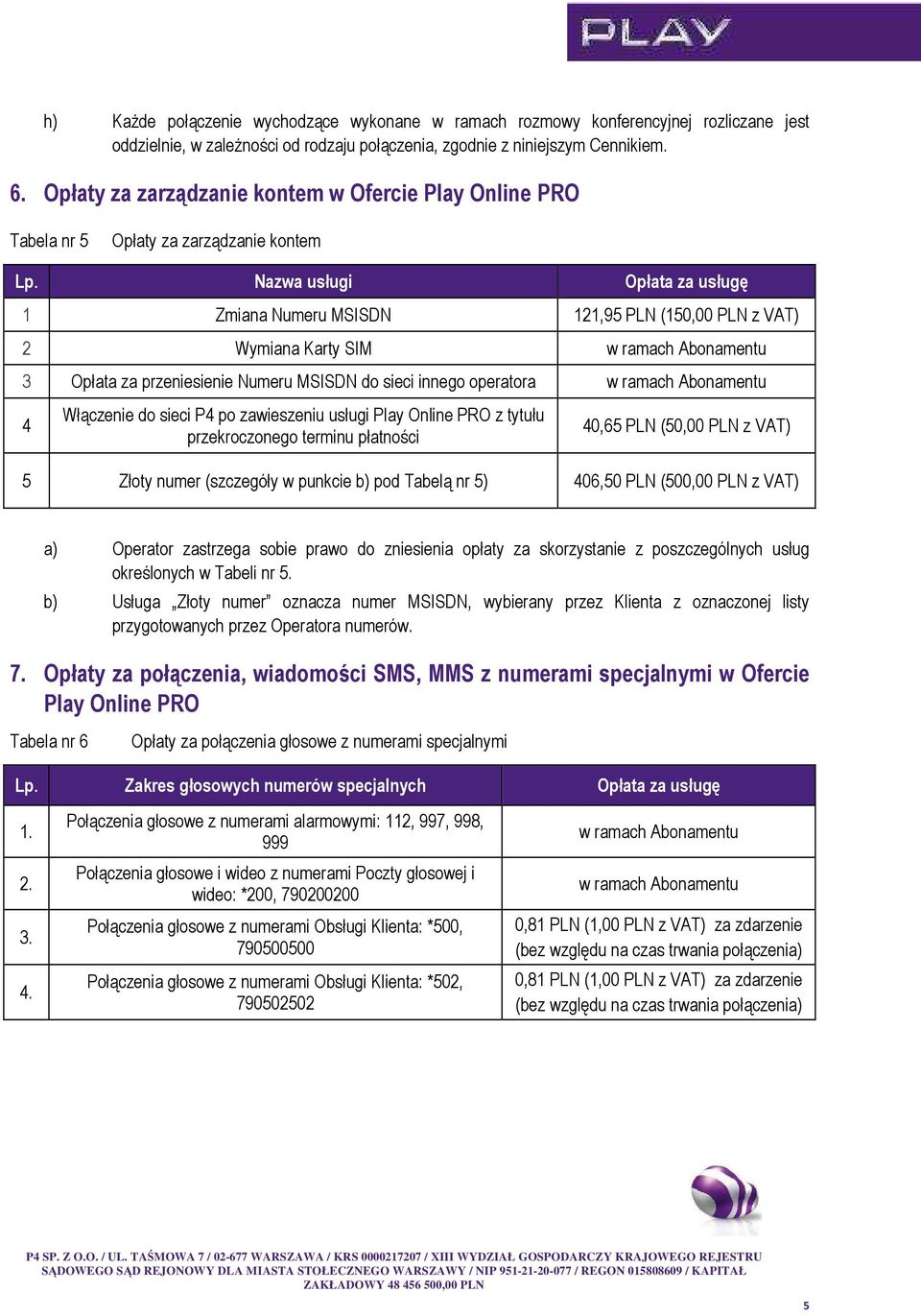 Nazwa usługi Opłata za usługę 1 Zmiana Numeru MSISDN 121,95 PLN (150,00 PLN z VAT) 2 Wymiana Karty SIM w ramach Abonamentu 3 Opłata za przeniesienie Numeru MSISDN do sieci innego operatora w ramach