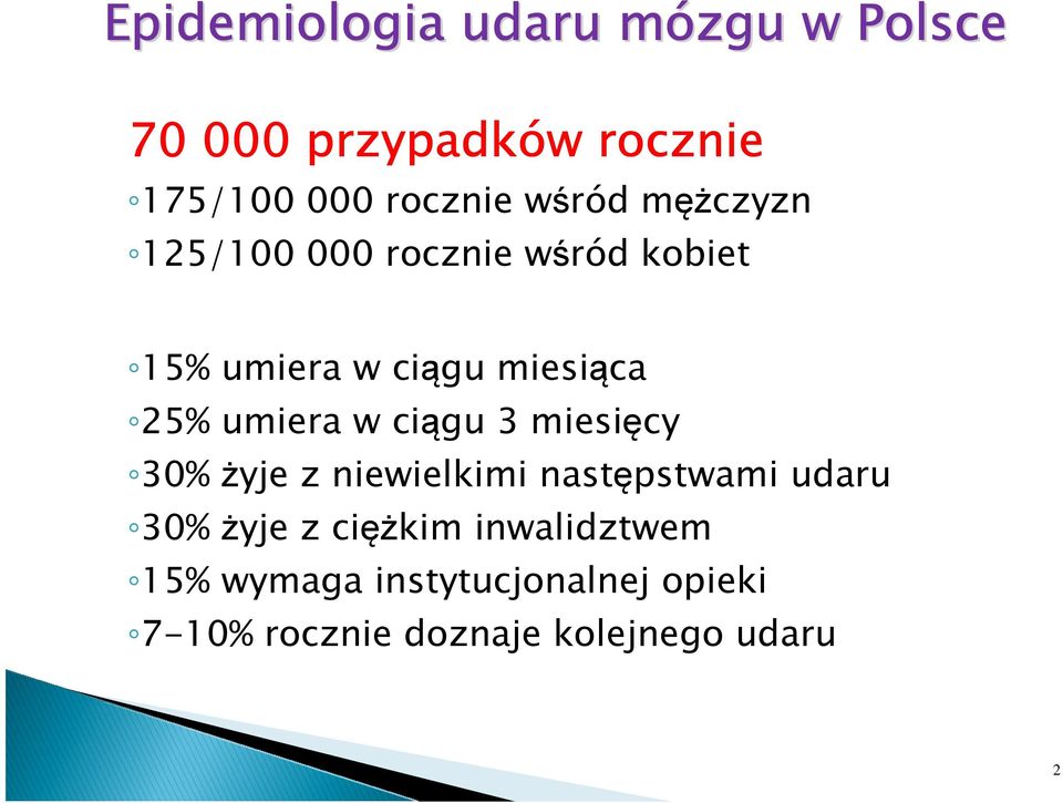 umiera w ciągu 3 miesięcy 30% żyje z niewielkimi następstwami udaru 30% żyje z