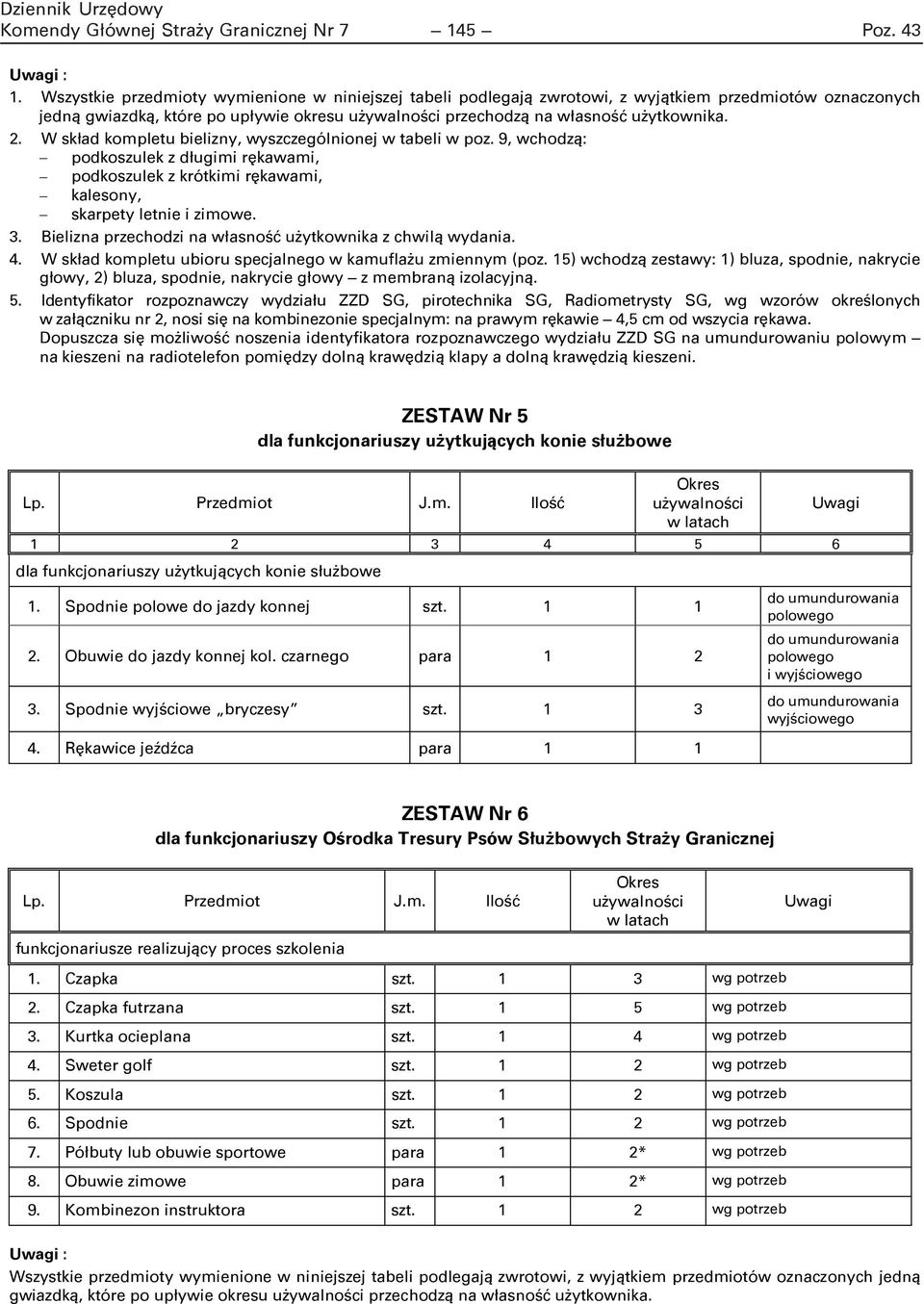 W skład kompletu bielizny, wyszczególnionej w tabeli w poz. 9, wchodzą: podkoszulek z długimi rękawami, podkoszulek z krótkimi rękawami, kalesony, skarpety letnie i zimowe. 3.