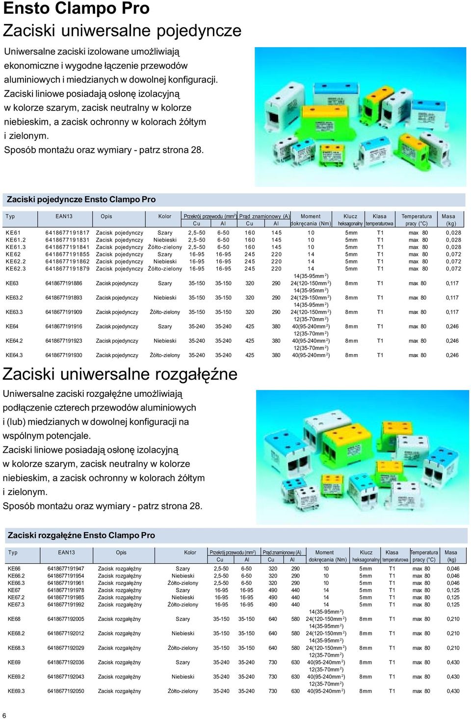 Zaciski pojedyncze Pro Typ EAN13 Opis Kolor Przekrój przewodu (mm 2 ) Pr¹d znamionowy (A) Moment Klucz Klasa Temperatura Cu Al Cu Al dokrêcania (Nm) heksagonalny temperaturowa pracy ( C) KE61