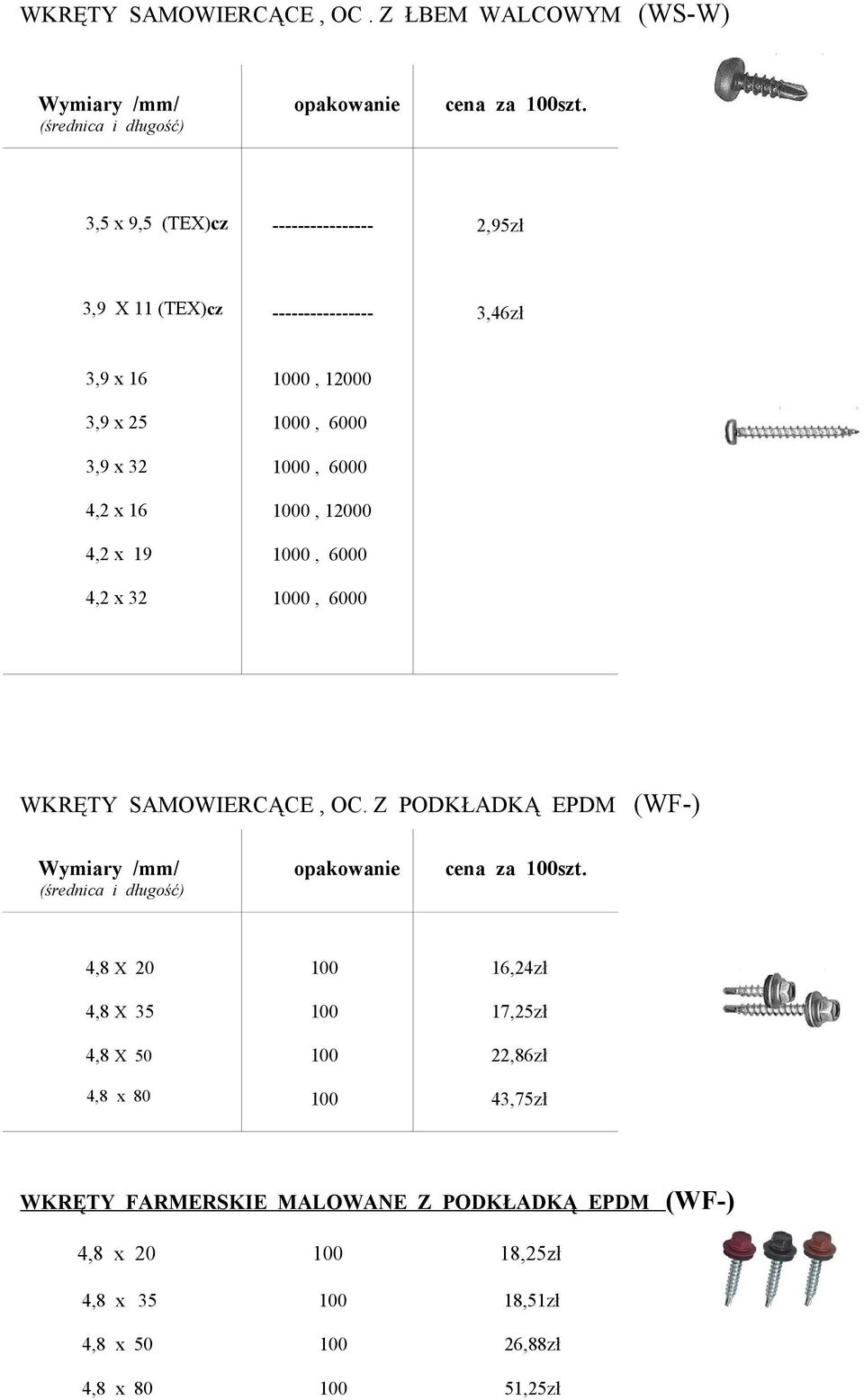 32, 12000, 6000, 6000, 12000, 6000, 6000 WKRĘTY SAMOWIERCĄCE, OC. Z PODKŁADKĄ EPDM (WF-) opakowanie cena za 100szt.