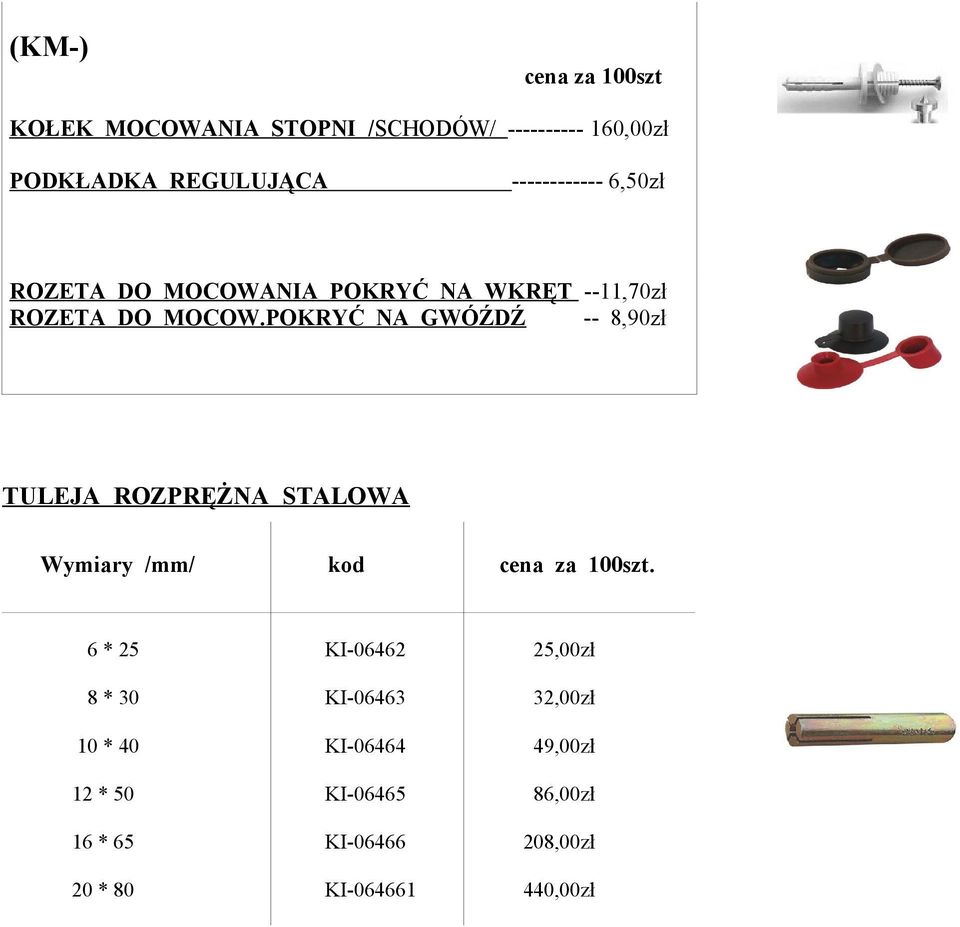 POKRYĆ NA GWÓŹDŹ -- 8,90zł TULEJA ROZPRĘŻNA STALOWA kod cena za 100szt.