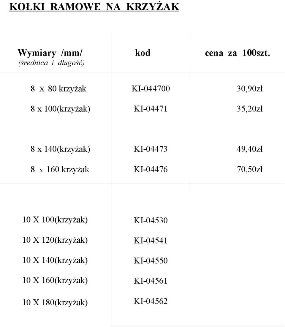 140(krzyżak) 8 x 160 krzyżak KI-04473 KI-04476 49,40zł 70,50zł 10 X