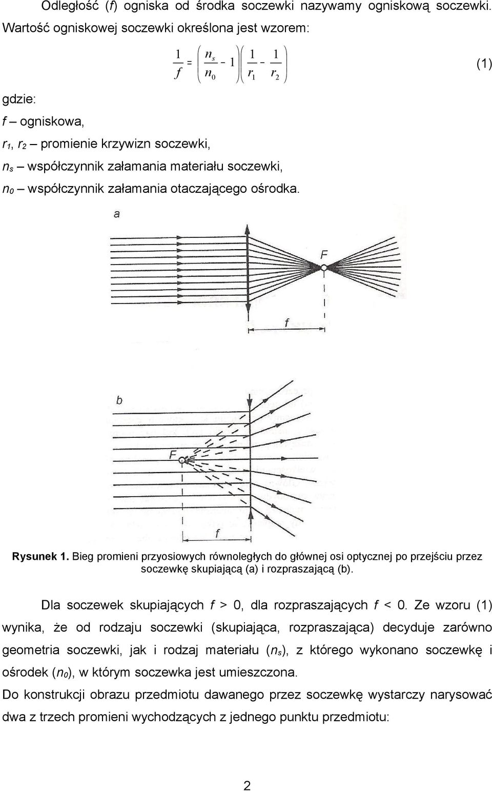 otaczającego ośrodka. () Rysunek. Bieg promieni przyosiowych równoległych do głównej osi optycznej po przejściu przez soczewkę skupiającą (a) i rozpraszającą (b).