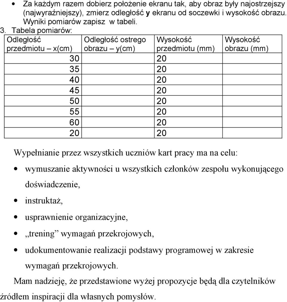 pracy ma na celu: Wysokość obrazu (mm) wymuszanie aktywności u wszystkich członków zespołu wykonującego doświadczenie, instruktaż, usprawnienie organizacyjne, trening wymagań przekrojowych,