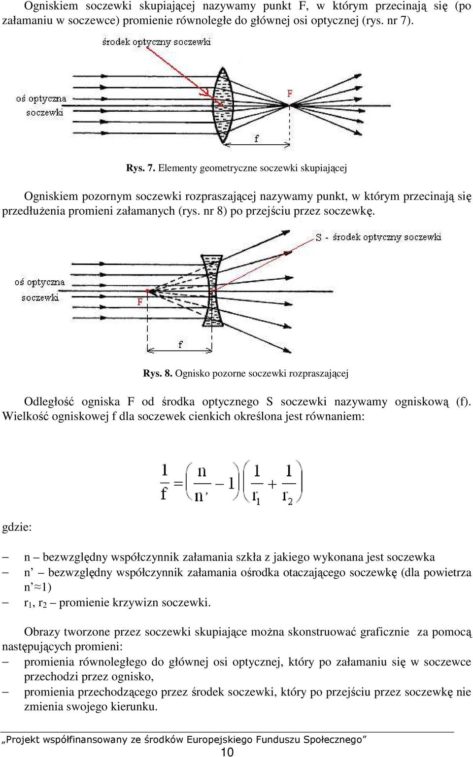 nr 8) po przejściu przez soczewkę. Rys. 8. Ognisko pozorne soczewki rozpraszającej Odległość ogniska F od środka optycznego S soczewki nazywamy ogniskową (f).
