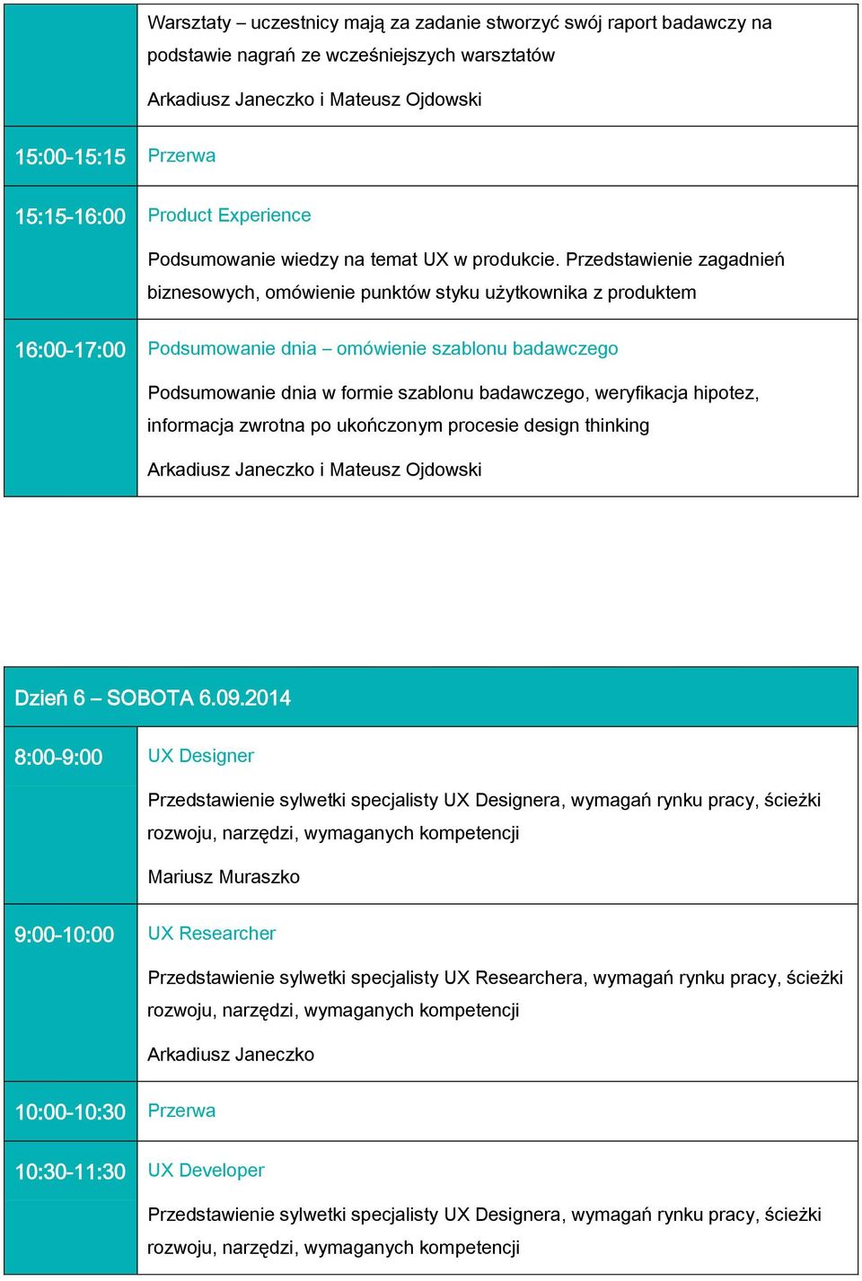 Przedstawienie zagadnień biznesowych, omówienie punktów styku użytkownika z produktem 16:00-17:00 Podsumowanie dnia omówienie szablonu badawczego Podsumowanie dnia w formie szablonu badawczego,