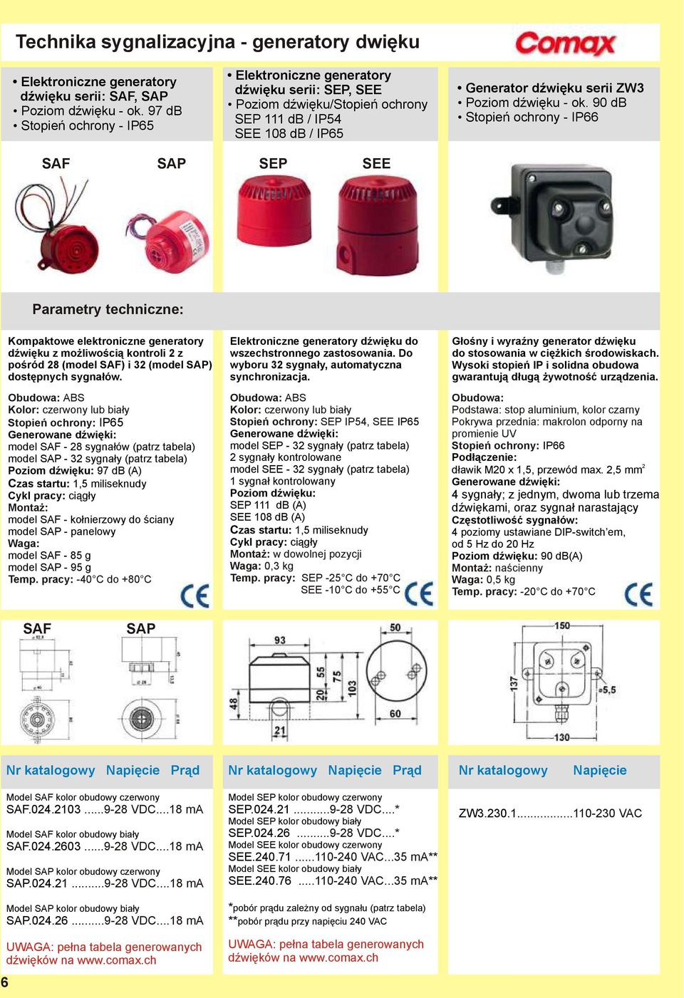 90 db SAF SAP SEP SEE Kompaktowe elektroniczne generatory dźwięku z możliwością kontroli z pośród 8 (model SAF) i 3 (model SAP) dostępnych sygnałów.