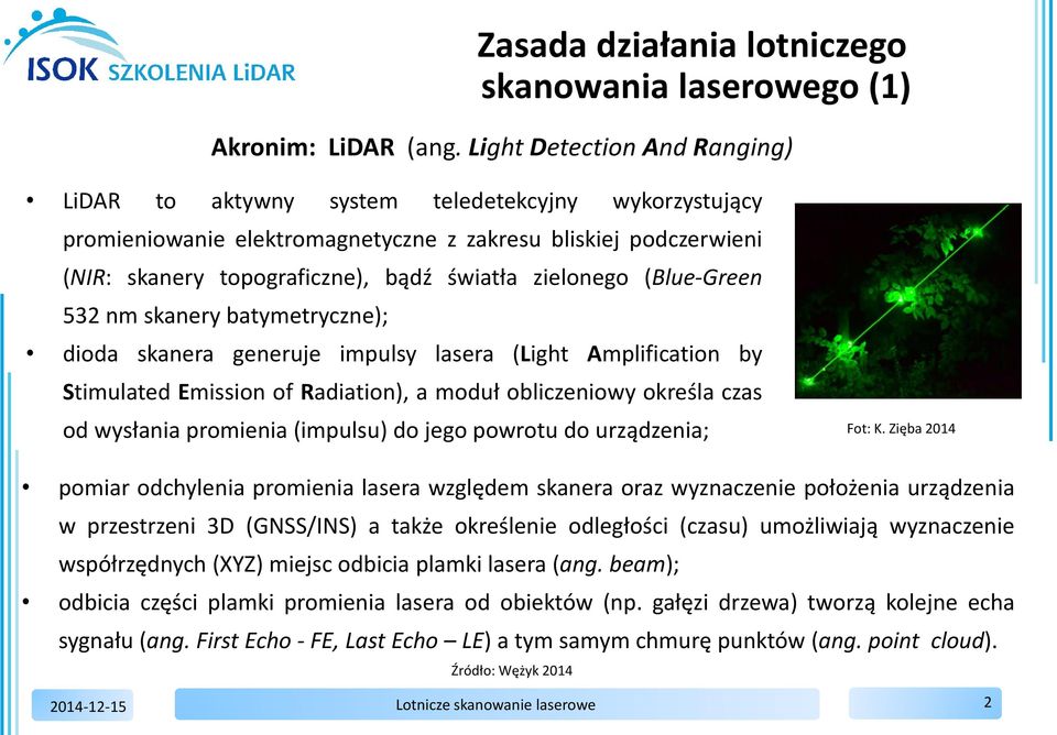 zielonego (Blue-Green 532 nm skanery batymetryczne); dioda skanera generuje impulsy lasera (Light Amplification by Stimulated Emission of Radiation), a moduł obliczeniowy określa czas od wysłania