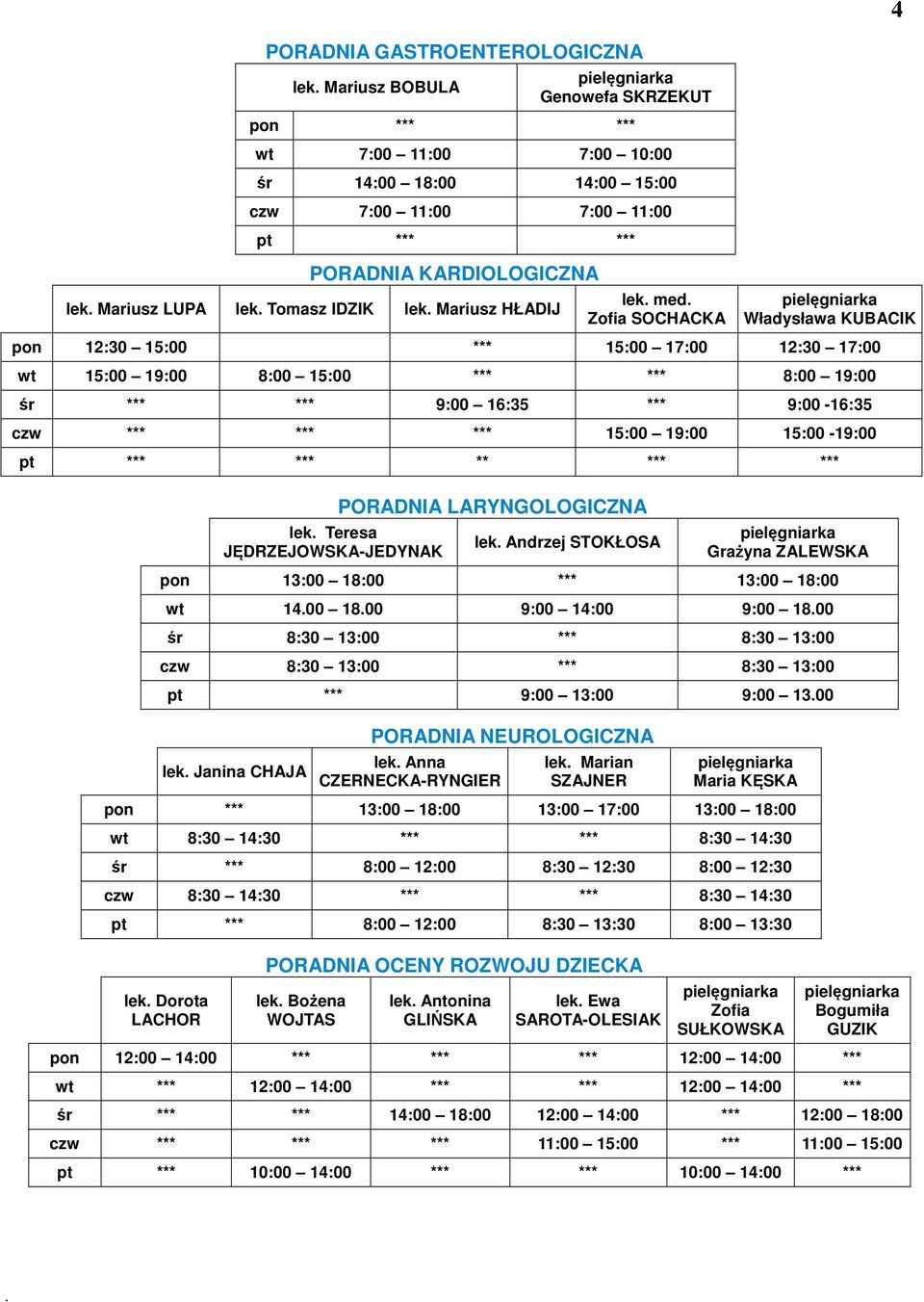 czw *** *** *** 15:00 19:00 15:00-19:00 pt *** *** ** *** *** Teresa JĘDRZEJOWSKA-JEDYNAK PORADNIA LARYNGOLOGICZNA Andrzej STOKŁOSA Grażyna ZALEWSKA pon 13:00 18:00 *** 13:00 18:00 wt 1400 1800 9:00