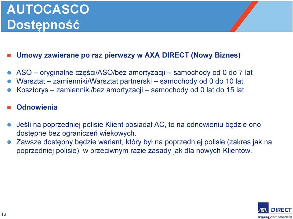 lat Odnowienia Jeśli na poprzedniej polisie Klient posiadał AC, to na odnowieniu będzie ono dostępne bez ograniczeń wiekowych.