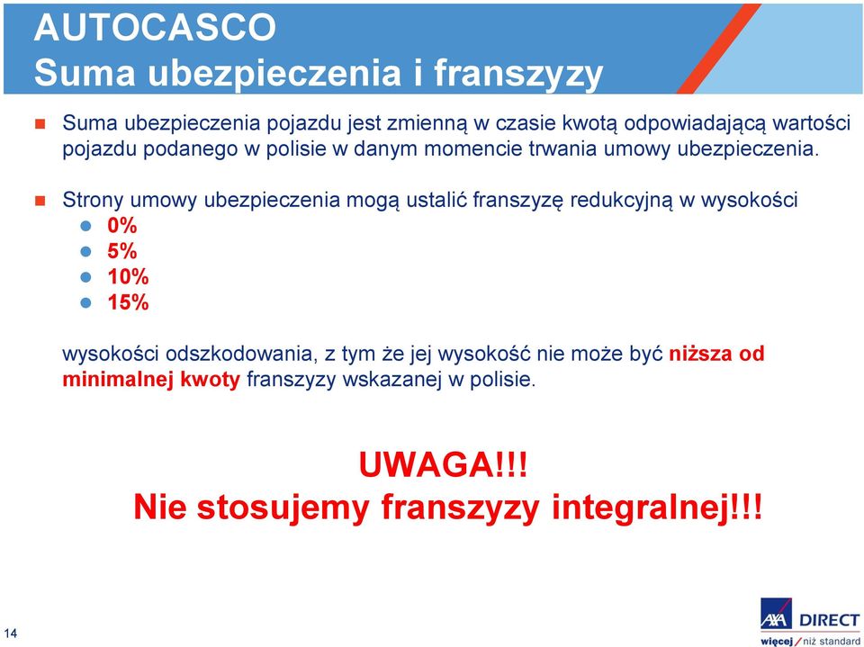 Strony umowy ubezpieczenia mogą ustalić franszyzę redukcyjną w wysokości 0% 5% 10% 15% wysokości odszkodowania,