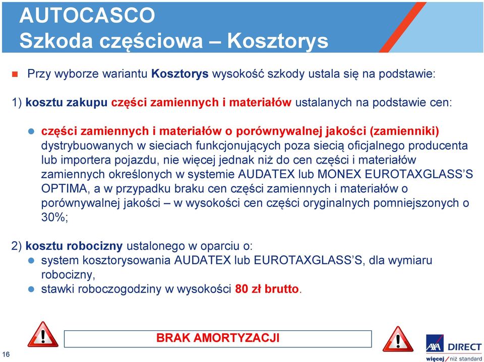 materiałów zamiennych określonych w systemie AUDATEX lub MONEX EUROTAXGLASS S OPTIMA, a w przypadku braku cen części zamiennych i materiałów o porównywalnej jakości w wysokości cen części