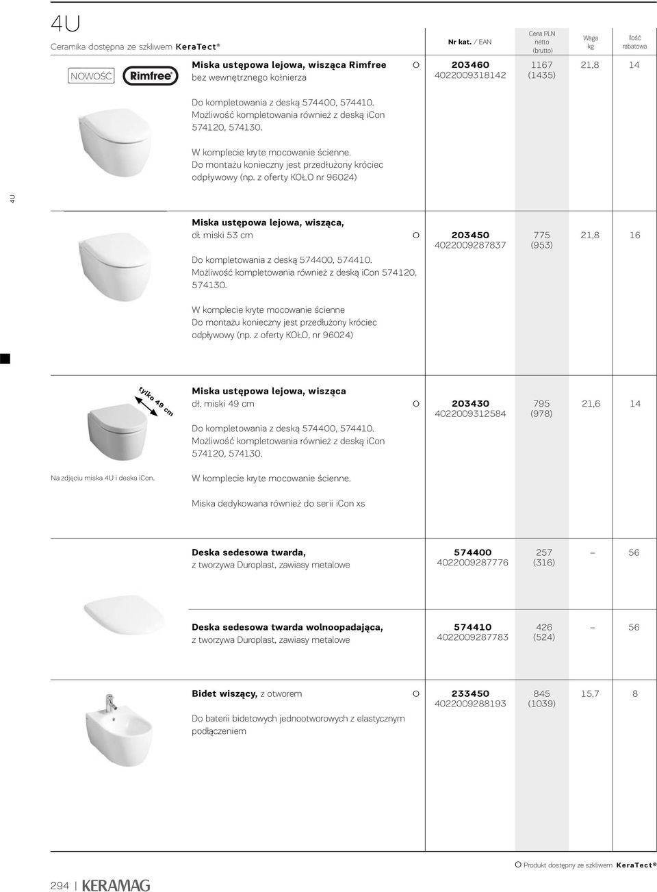 z oferty KOŁO nr 96024) 4U Miska ustępowa lejowa, wisząca, dł. miski 5 cm Do kompletowania z deską 574400, 57440. Możliwość kompletowania również z deską icon 57420, 5740.