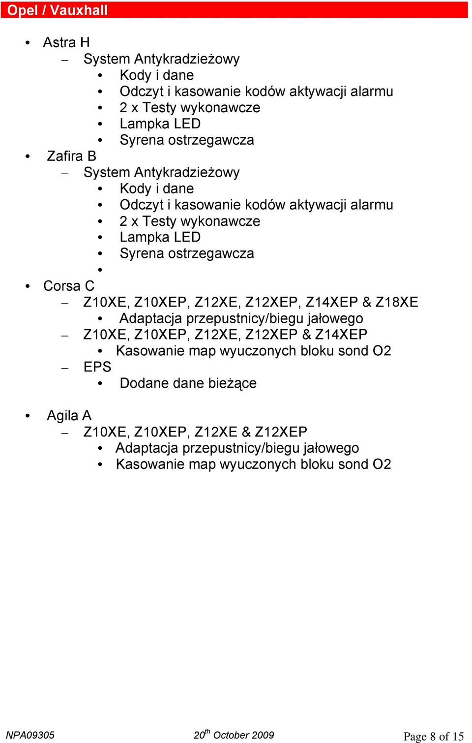 Z12XE, Z12XEP, Z14XEP & Z18XE Adaptacja przepustnicy/biegu jałowego Z10XE, Z10XEP, Z12XE, Z12XEP & Z14XEP Kasowanie map wyuczonych bloku sond O2 EPS Dodane