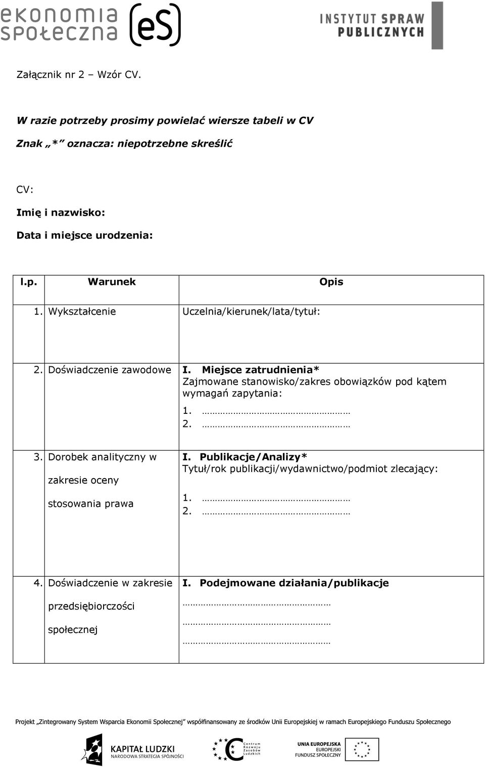 Wykształcenie Uczelnia/kierunek/lata/tytuł: 2. Doświadczenie zawodowe I.